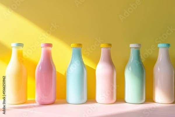 Fototapeta Premium Quality Image of Colourful Milk Bottles on Bright Table