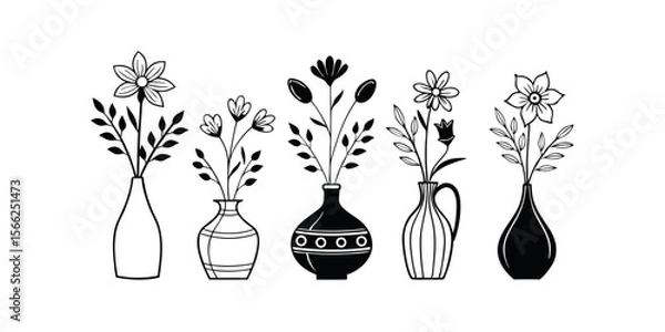 Fototapeta Elegant Floral Arrangements in Vases Black and White Line Art Illustrations
