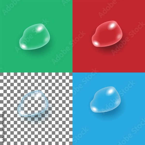 Fototapeta Set of realistic water and gel drops in different colors on colored and transparent background.