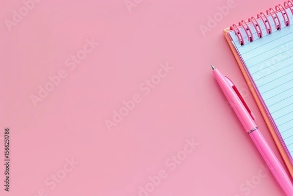 Fototapeta Detailed Visual  of Notebooks Pen Stationery on a Pink Background Conceptual Image
