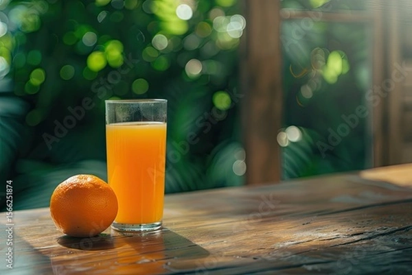Fototapeta High Definition Image of Glass of Freshly Pressed Orange Juice with Two Orange on Wooden Table