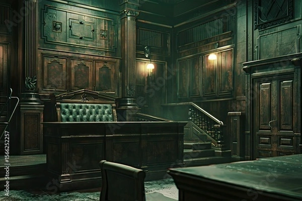 Fototapeta Clear Pixel Visual of an Empty Judges Bench in a Courtroom