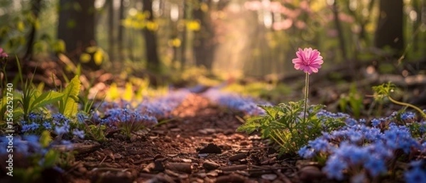 Obraz A serene meadow filled with vibrant spring flowers in full bloom surrounding a winding dirt path