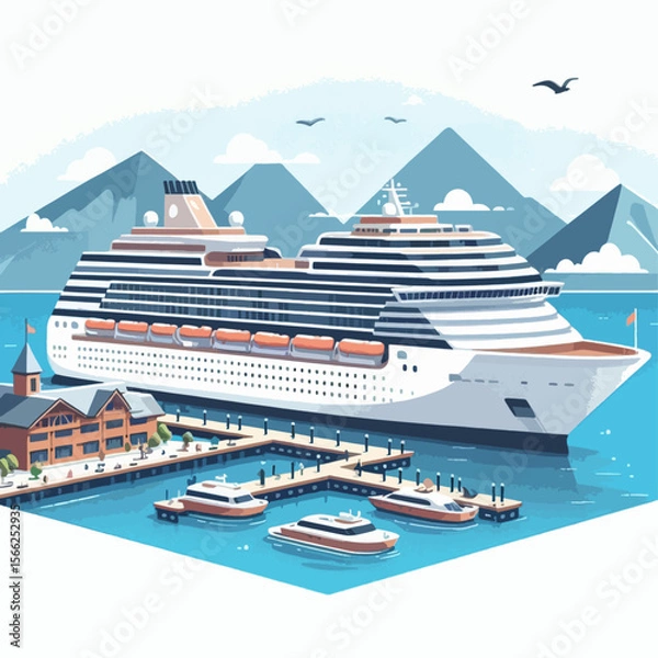 Fototapeta Colorful illustration depicts a cruise ship docked at a pier, surrounded by small boats and a picturesque harbor landscape, with mountains and clouds in the background.  The style is modern and flat.