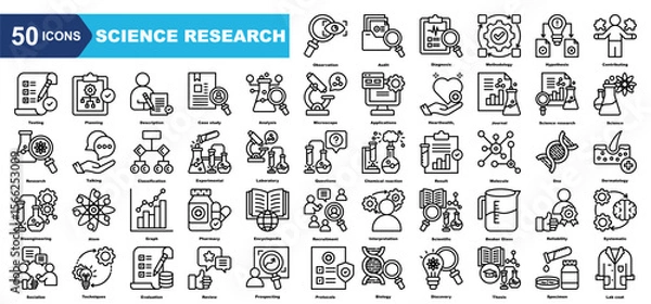 Obraz Science Research icon collection set.Observation,Audit,Diagnosis,Methodology,Hypothesis,Contributing,Testing.Simple line vector.
