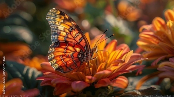 Fototapeta Colorful Butterfly Perched on Flower in Natural Light, Side View
