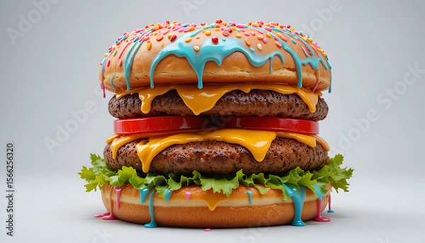 Fototapeta Whimsical fantasy burger with candy-colored icing drips, rainbow sprinkles, vibrant lettuce, juicy patties, and melted cheese on a pastel background — surreal food fusion ideal for creative culinary a
