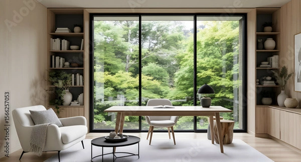 Fototapeta Modern home office with forest view