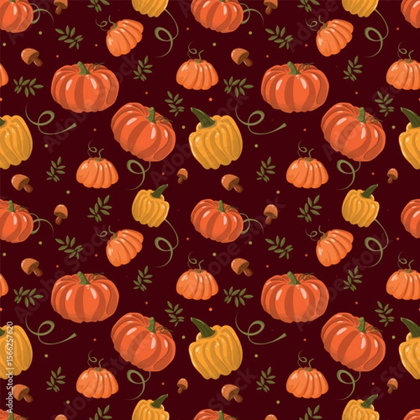 Fototapeta Ripe pumpkins. Fabric pattern. Autumn warm illustration, autumn, harvest, colorful leaves.