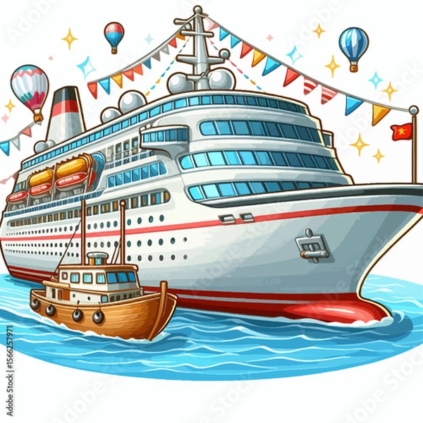 Fototapeta Cartoon illustration of a large cruise ship with festive decorations and a smaller boat, set against a backdrop of water.