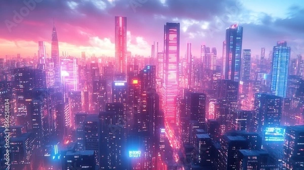Fototapeta Futuristic Aerial View of Cyberpunk Cityscape with Neon Illumination and Dense Urban Sprawl