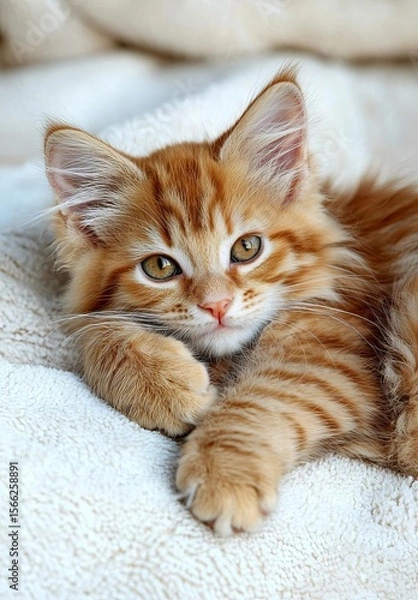 Fototapeta A curious orange tabby kitten listening with a head tilt on a white  background , isolated on white background,  , copy space, copy space for text,
