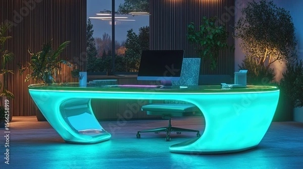 Fototapeta Modern Minimalist Interior Design with Illuminated Desk and Computer Setup