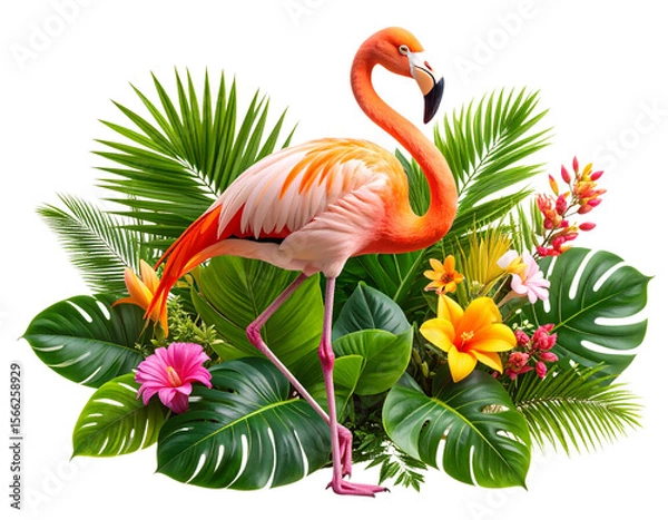 Obraz Elegant Flamingo Surrounded by Tropical Leaves and Flowers, exotic summer style, isolated on transparent background.