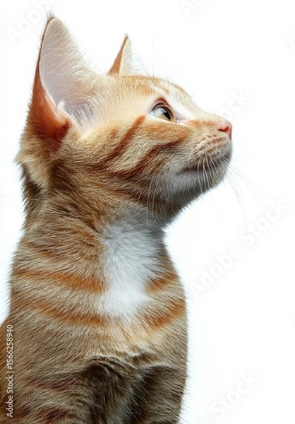 Fototapeta A curious orange tabby kitten listening with a head tilt on a white  background , isolated on white background,  , copy space, copy space for text,