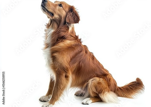 Fototapeta Studio shot of an adorable Golden retriever sitting and looking up curiously , isolated on white background,  , copy space, copy space for text,