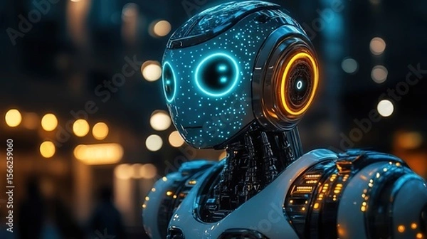 Fototapeta Futuristic Detailed Robot Head with Neon Lights and Bokeh Background Close-Up