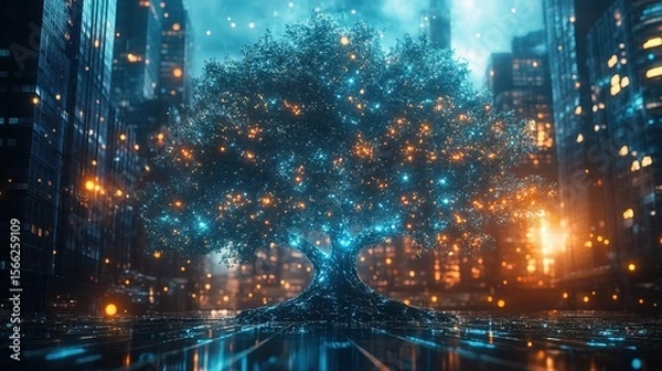 Fototapeta Surreal Glowing Tree in Urban Cityscape with Futuristic Light Effect