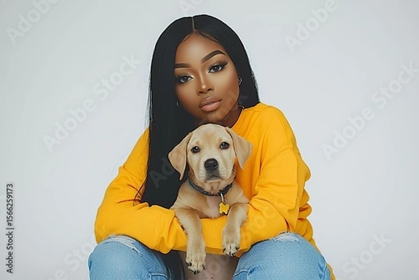 Fototapeta Young Beautiful Afro Woman Posing With Ger Cute Dog In Studio , isolated on white background,  , copy space, copy space for text,
