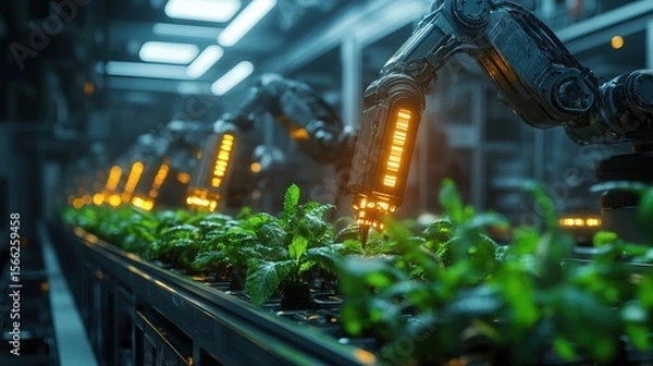 Fototapeta Modern Robotic Arm Cultivating Plant Row in Automated Indoor Farm