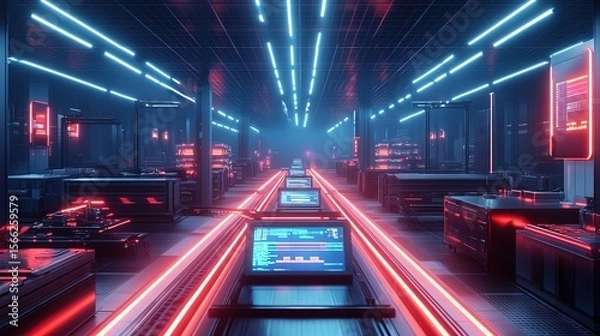 Fototapeta Futuristic Dark Data Center Server Room with Neon Lights and Computers