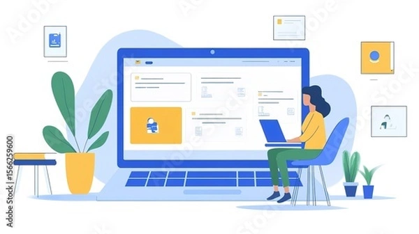 Fototapeta Modern Illustration Woman Working on Laptop with File Management System