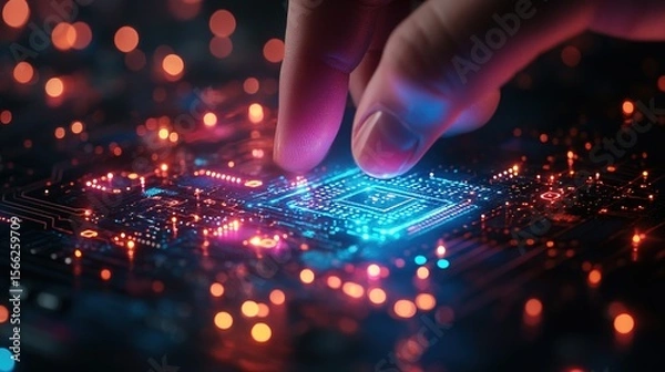 Fototapeta Abstract Futuristic Finger Touching Glowing Circuit Board Microprocessor System