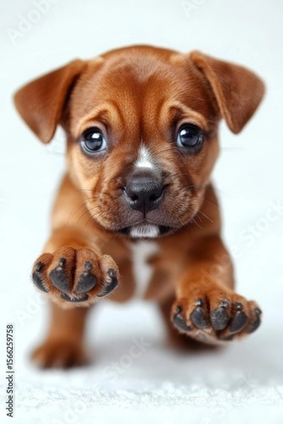 Fototapeta French bulldog puppy stands looking at the viewer with her head tilted. , isolated on white background,  , copy space, copy space for text,