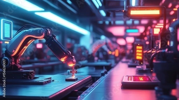 Fototapeta Futuristic Detailed Robot Arm Precision Industrial Manufacturing Machine Assembly Line
