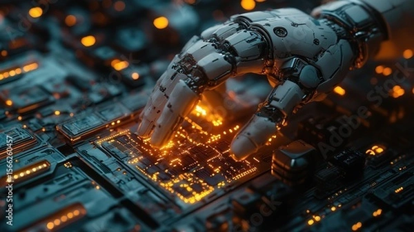 Fototapeta Futuristic Robotic Hand Touching Glowing Circuit Board High Technology Concept
