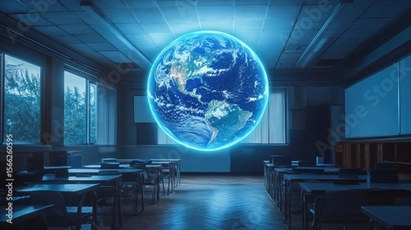 Fototapeta Surreal Classroom Scene with Glowing Earth Globe Hologram Projection