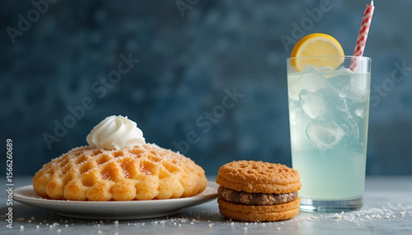 Fototapeta Cozy dessert scene with a fluffy waffle topped with whipped cream and powdered sugar, a cookie sandwich with chocolate filling, and a refreshing lemonade with ice and lemon slice — sweet treat composi