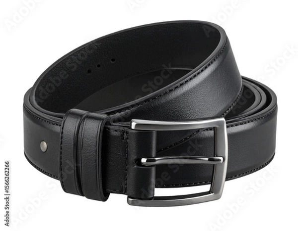 Obraz  Folded Black Leather Belt with Elegant Silver Buckle, isolated on transparent background.