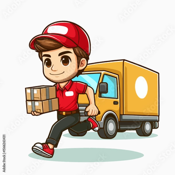 Fototapeta Cartoon image of a person in a red uniform running and holding boxes,  with a yellow delivery truck behind them.
