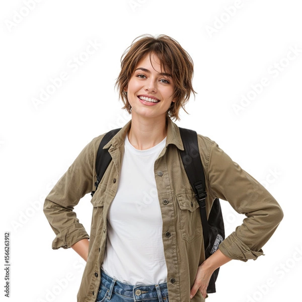 Fototapeta Smiling young woman with backpack poses on a transparent background, ideal for educational, travel, or lifestyle projects with its adaptable design