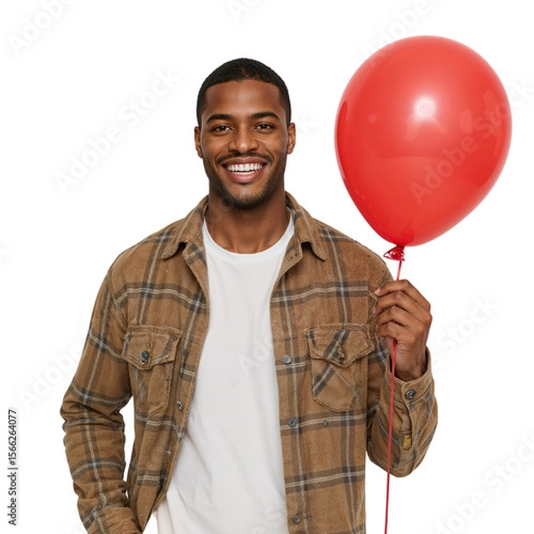 Fototapeta A handsome African American man smiles holding a bright red balloon, perfect for celebrations, birthdays or joyful occasions against a dark backdrop, transparent background
