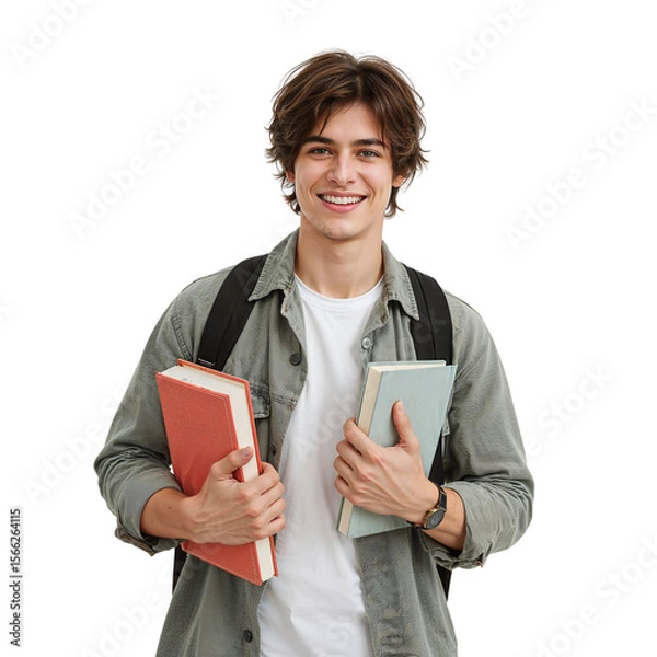 Fototapeta Smiling student with books, transparent background, ready for learning and academic success in his educational journey for high school or college.