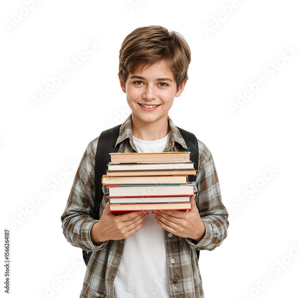 Fototapeta Young student holds books on transparent background, a portrait perfect for educational resources, emphasizing learning and knowledge with a hopeful expression.