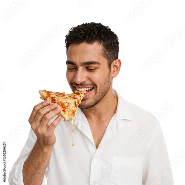 Fototapeta Joyful guy enjoying a slice of pepperoni pizza with melted cheese showcasing happy eating with transparent background for flexible design usage.