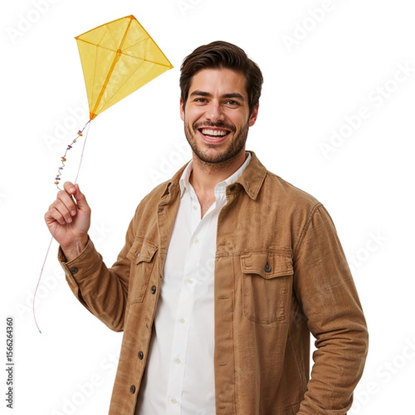 Fototapeta A happy man smiles while holding a yellow kite against a transparent backdrop, ideal for adding a playful touch to your designs and creative projects, transparent background