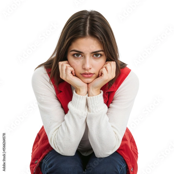 Fototapeta Beautiful young woman resting chin on hands gazes thoughtfully with a transparent background, perfect for design projects or emotional expression