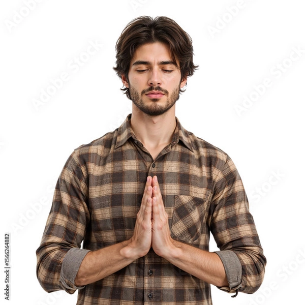Fototapeta A serene man with closed eyes meditates in a plaid shirt against a transparent background, conveying peace, contemplation and inner calm for wellness concepts.