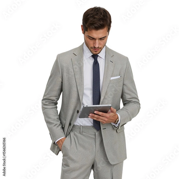 Fototapeta Stylish man in gray suit uses a tablet with transparent background perfect for business presentations, finance or corporate designs, showcasing modern lifestyle.