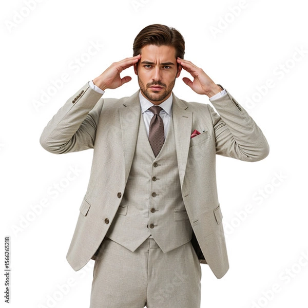 Fototapeta Attractive man in a stylish beige suit is holding his head with his hands against a transparent backdrop showcasing elegance and stress, transparent background