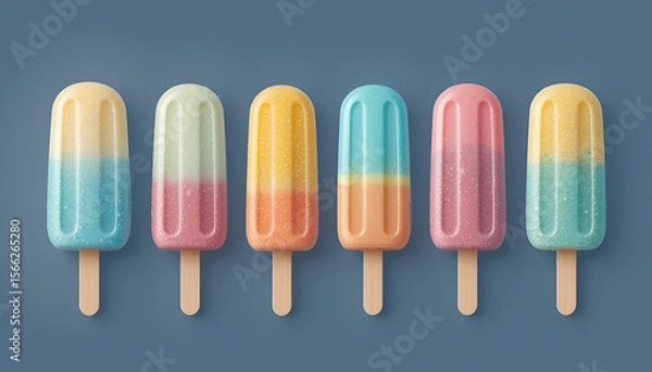 Fototapeta Colorful pastel popsicle lineup with various textures, sprinkles, and whipped cream details on gradient pink to blue background — vibrant summer dessert collection with playful candy explosion.
