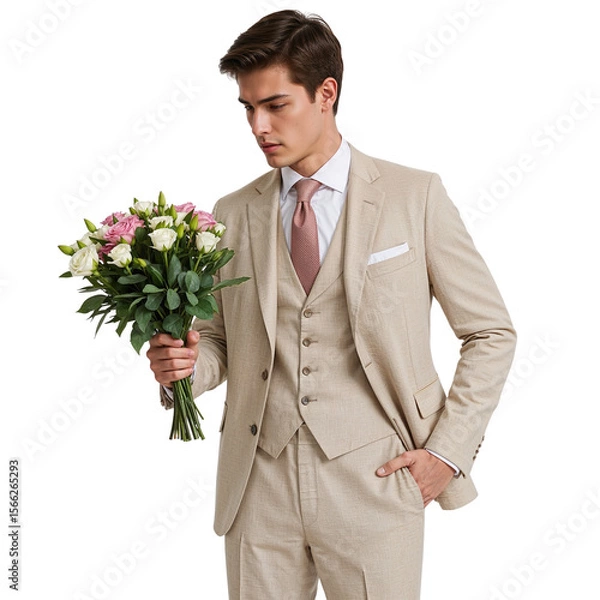 Fototapeta Elegant man in a suit holds a bouquet of roses, dressed in stylish formal wear with a classic aesthetic, suitable for fashion or lifestyle projects, transparent background