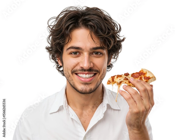 Fototapeta Smiling young man holds a slice of delicious pizza with melting cheese against a transparent background, showcasing culinary delight and casual lifestyle enjoyment.