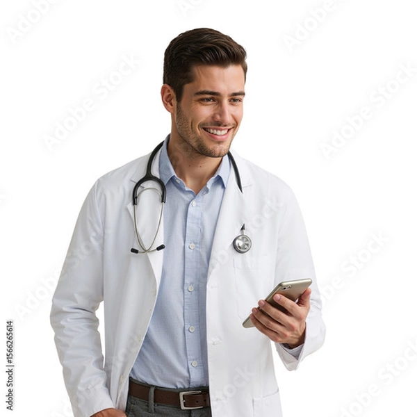 Fototapeta Smiling young doctor checks his smartphone against a transparent background, wearing a white coat and stethoscope in a healthcare setting.