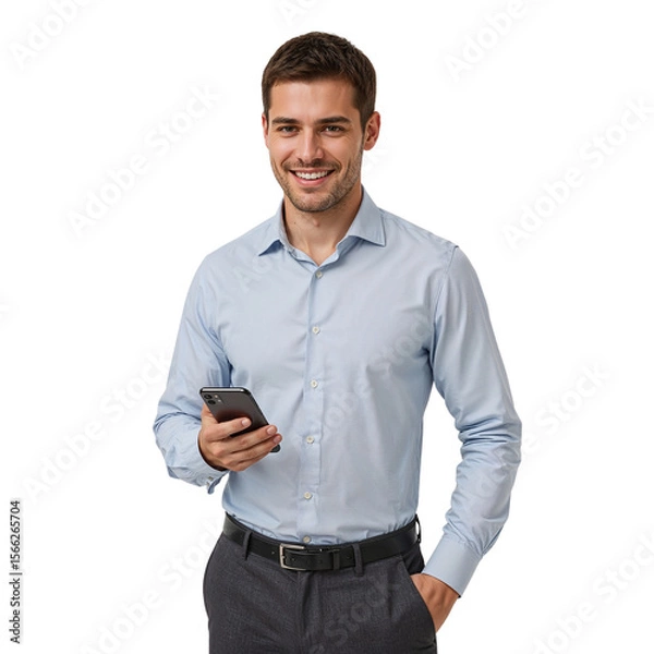 Fototapeta Smiling professional man holds a smartphone and looks toward the viewer on a clean transparent background, ideal for business or technology projects.