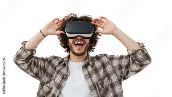 Fototapeta Excited man experiences virtual reality with headset against a transparent background, illustrating future technology, gaming innovation, and immersive digital experiences